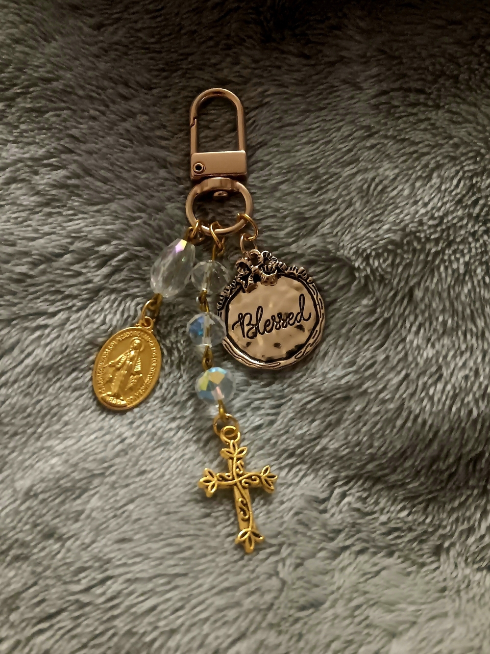 Gold-tone "Blessed" Religious Charm Keychain with Cross and Beads